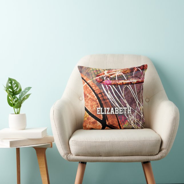 Girls name Basketball and Hoop pink purple orange Cushion (Chair)