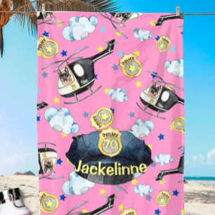 Girl's Name Cute Blue Police Hat Beach Towel