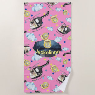 Girl's Name Cute Blue Police Hat Beach Towel