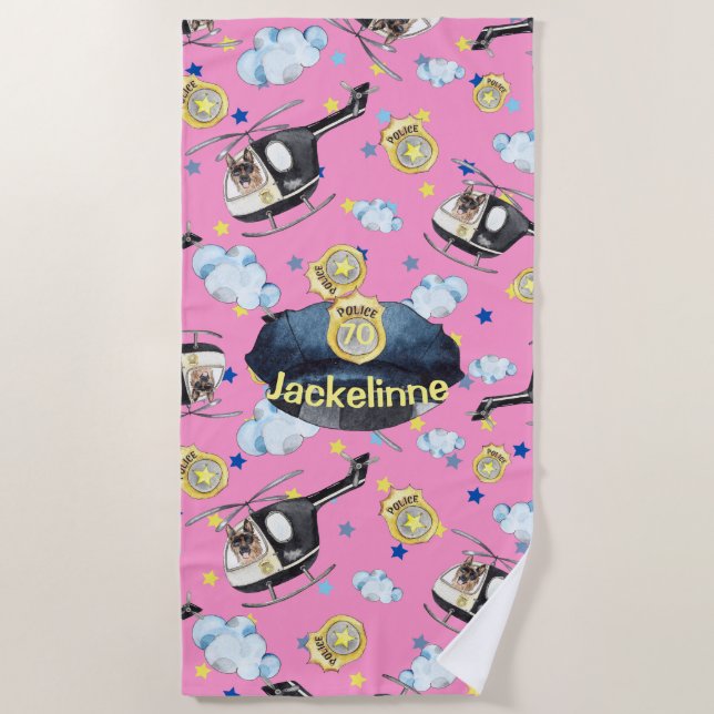 Girl's Name Cute Blue Police Hat Beach Towel (Front)