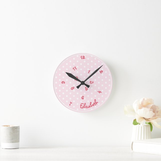 Girls Name Funny Jumbled Hours Pink Polka Dots Fun Round Clock (Home)