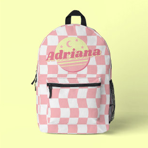Girls Name Groovy Pink White Wavy Chequerboard  Printed Backpack