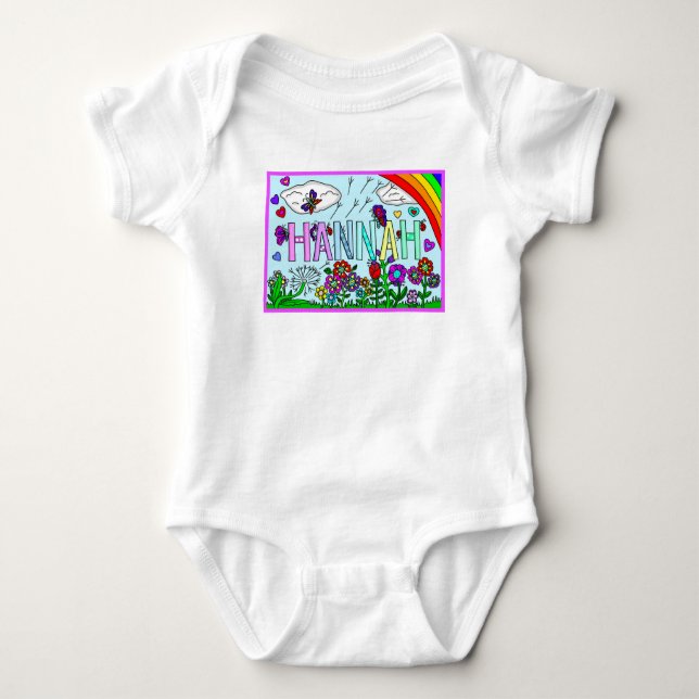 Girl's Name Hannah  Whimsical Flowers, Rainbow  To Baby Bodysuit (Front)