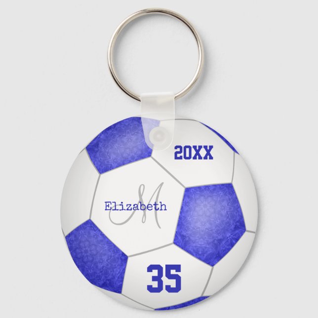 girl's name jersey number blue white soccer ball key ring (Front)