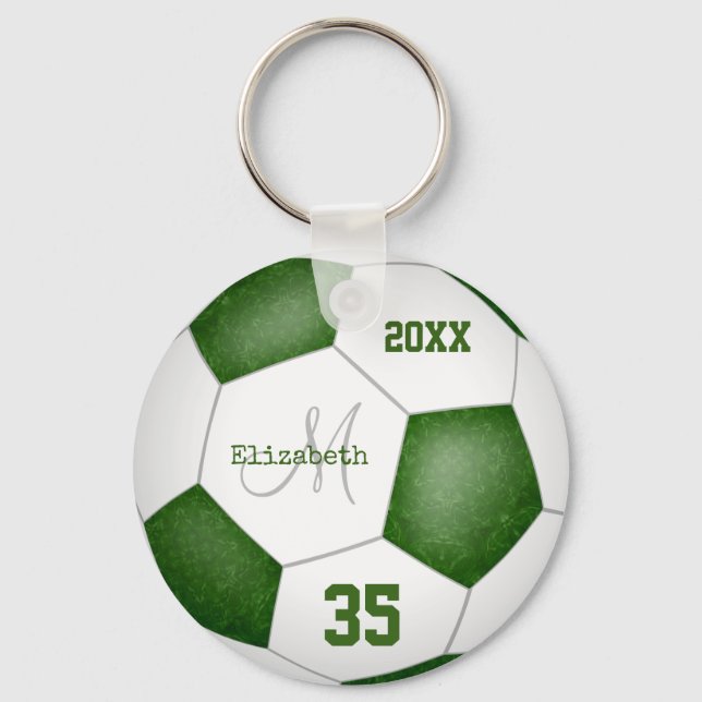 girl's name jersey number green white soccer ball key ring (Front)