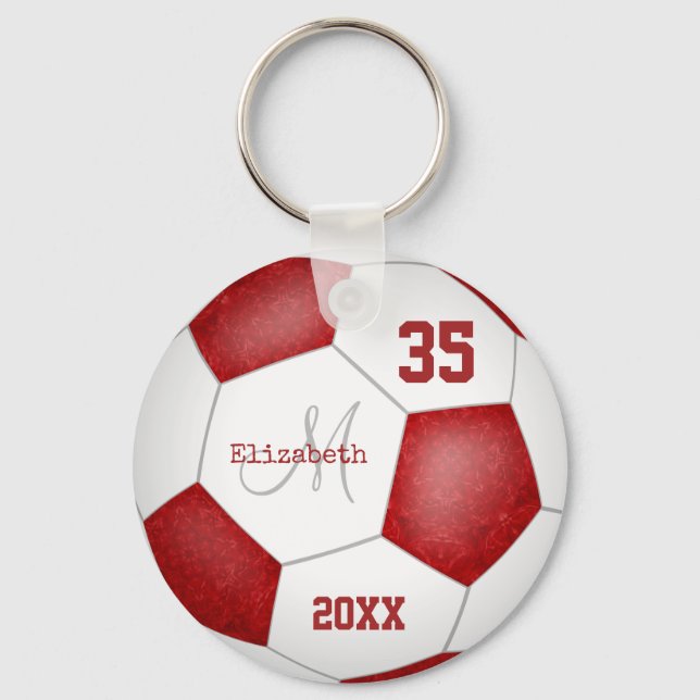 girl's name jersey number red white soccer ball key ring (Front)
