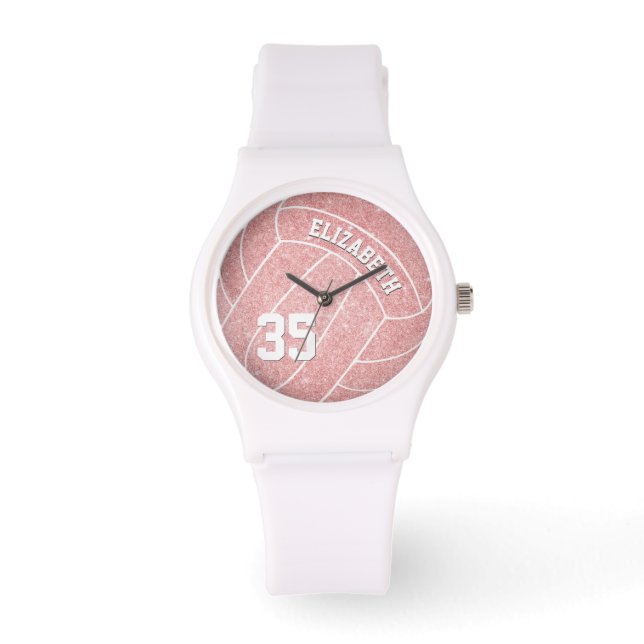 girl's name jersey number sporty pink volleyball watch (Front)