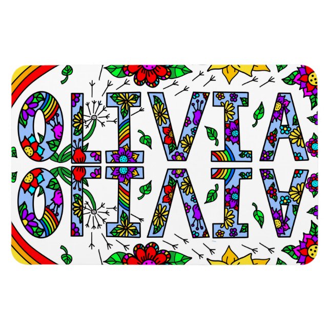 Girl's Name Olivia, Whimsical Colourful Wild Flowe Magnet (Horizontal)