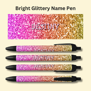 Girls Name on Bright Pink & Gold Glitter Effect Black Ink Pen