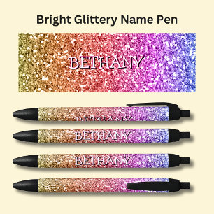 Girls Name on Bright Pink & Gold Glitter Effect Black Ink Pen