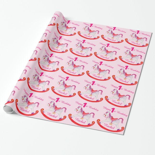Girls name rocking horse 1st birthday pattern wrap wrapping paper (Unrolled)