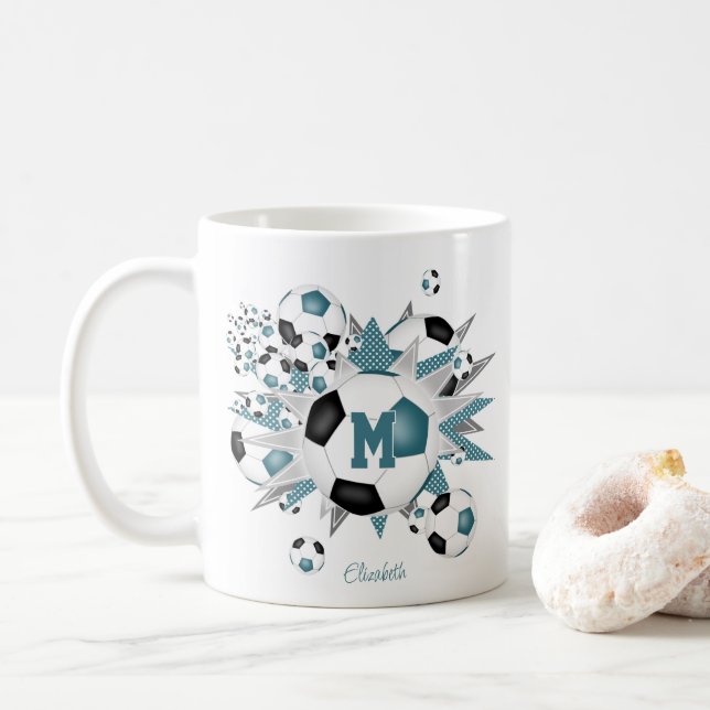 girls name soccer balls stars teal black coffee mug (With Donut)
