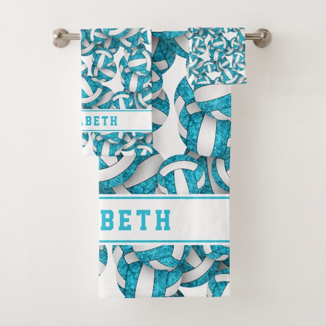 Girls name turquoise volleyballs pattern bath towel set (Insitu)