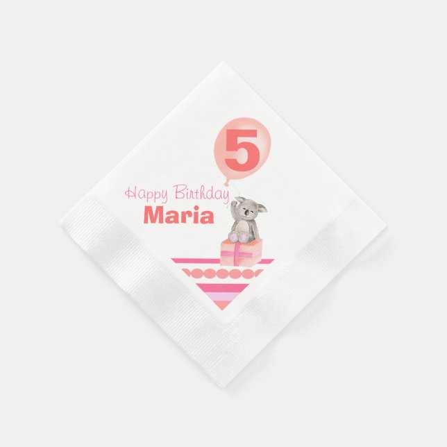 Girls named 5th birthday koala balloon napkins (Corner)