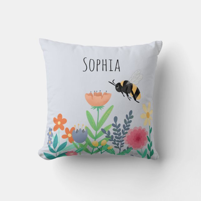 Girls Nature Cute Whimsical Bee and Flowers Kids Cushion (Front)