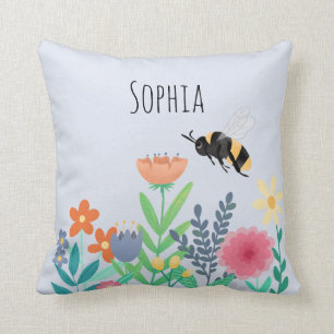 Girls Nature Cute Whimsical Bee and Flowers Kids Cushion