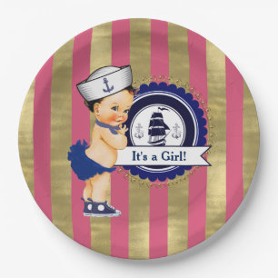 Girls Nautical Navy Blue Pink Gold Baby Shower Paper Plate