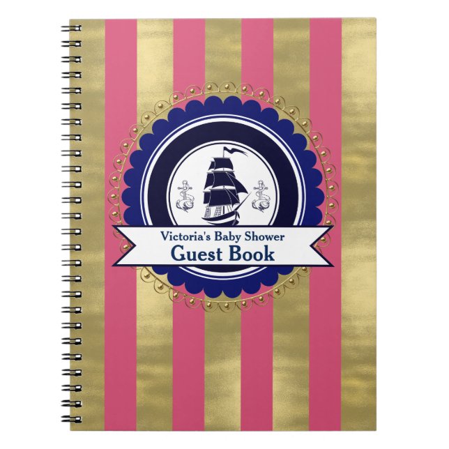 Girls Nautical Pink Blue Baby Shower Guest Book (Front)