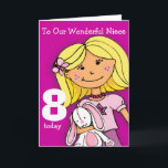 Girls Niece 8th birthday card girlie purple<br><div class="desc">This card says: To my wonderful niece 8 today. Inside: Happy Birthday. Or customise with your own words. Fun card blonde hair girl cuddling her white bunny illustrated and designed by Sarah Trett.</div>