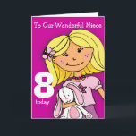 Girls Niece 8th birthday card girlie purple<br><div class="desc">This card says: To my wonderful niece 8 today. Inside: Happy Birthday. Or customise with your own words. Fun card blonde hair girl cuddling her white bunny illustrated and designed by Sarah Trett.</div>