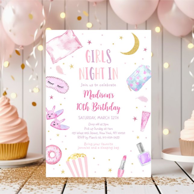 Girls Night In Slumber Party Pink Tween Birthday Invitation (Creator Uploaded)