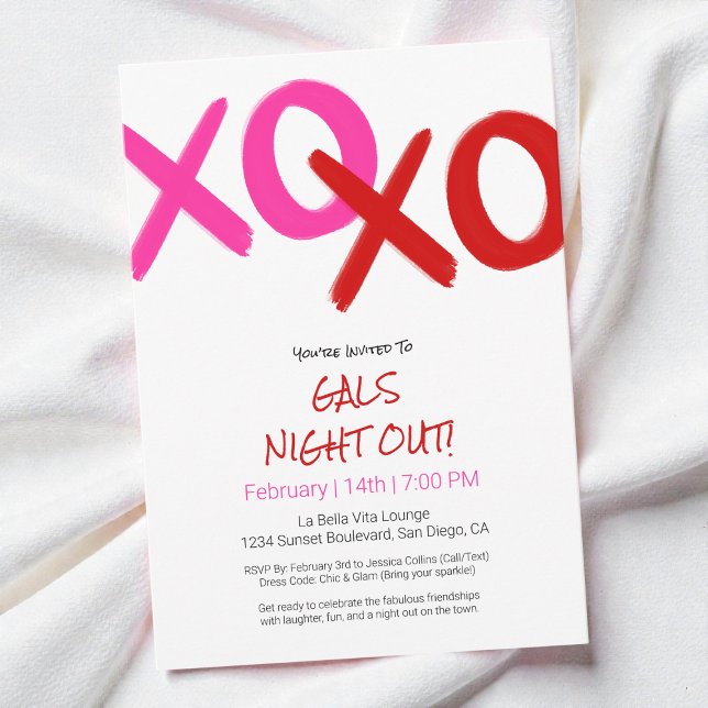 Girls Night Out Cute Red XOXO Galentine Day Party Invitation (Girls Night Out Cute Red XOXO Galentine Day Party Invitation)