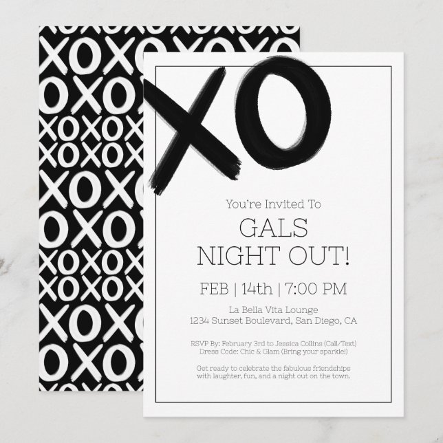 Girls Night Out XOXO Black Friends Galentine Party Invitation (Front/Back)