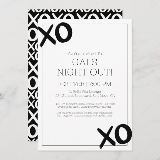 Girls Night Out XOXO Black White Galentine Party Invitation (Front/Back)