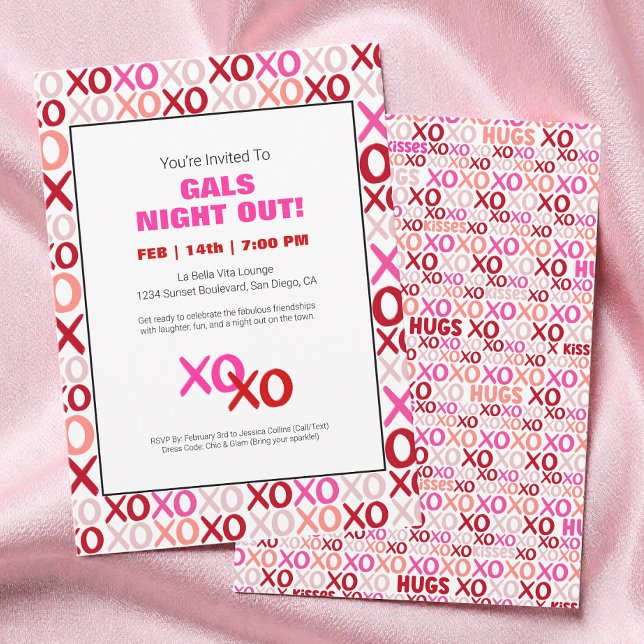Girls Night Out XOXO Pink Cute Galentine Day Party Invitation (Girls Night Out XOXO Pink Cute Galentine Day Party Invitation)