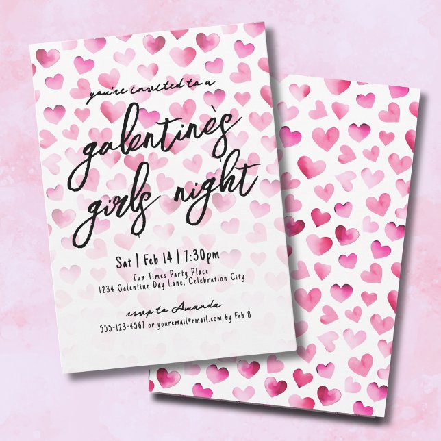 Girls Night Watercolor Hearts Galentine's Day Invitation (Girls Night Watercolor Hearts Galentine's Day Invitation)