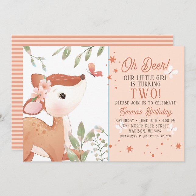 Girls Oh Deer Birthday Party Invitation (Front/Back)