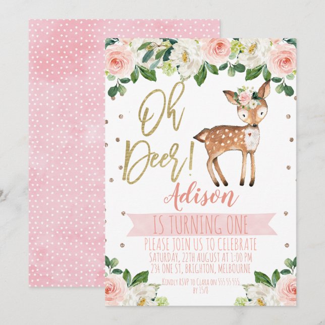 Girls Oh Deer Birthday Party Invitation (Front/Back)