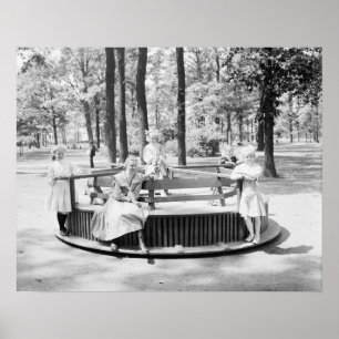 Girls on Merry-Go-Round, 1910. Vintage Photo Poster