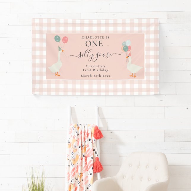 Girl's One Silly Goose 1st Birthday Party Banner (Insitu)