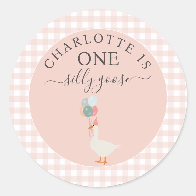 Girl's One Silly Goose 1st Birthday Party Classic Round Sticker (Front)