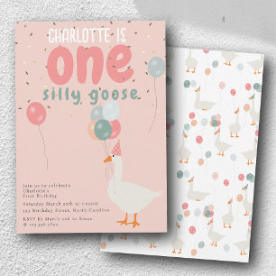 Girl's One Silly Goose 1st Birthday Party Pink Invitation