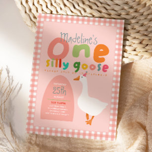 Girls One Silly Goose Pink Gingham First Birthday Invitation