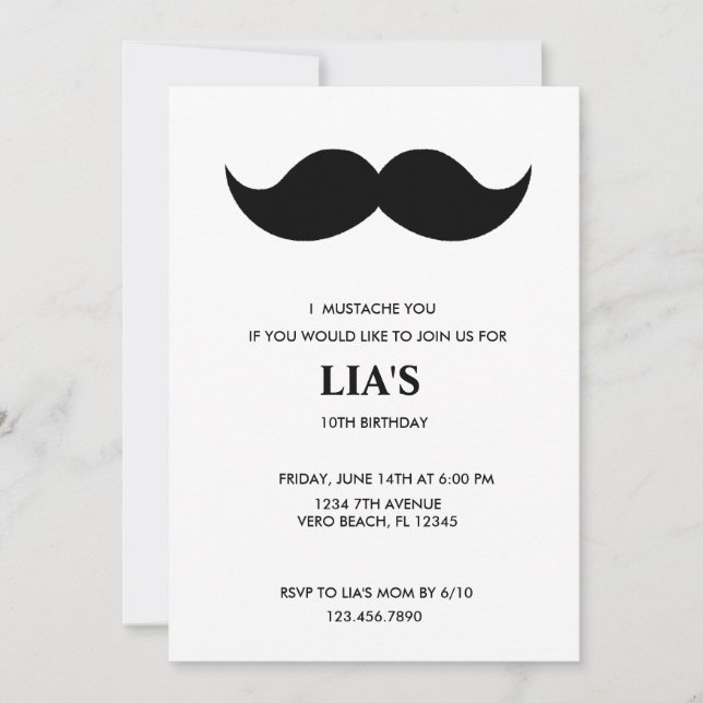 Girls or Boys Moustache Birthday Party Invitation. Invitation (Front)