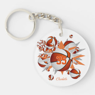 girls orange white basketballs stars  key ring