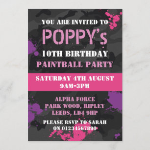 Girls Paintball themed birthday party invitation