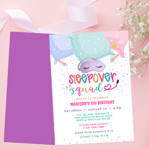 Girls Pajama  8th Birthday Sleepover Party   Invitation