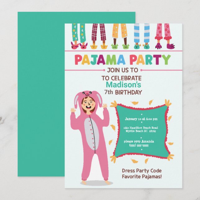 Girls Pajama Birthday Seepover Party Invitation (Front/Back)