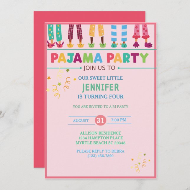  Girls Pajama Sleepover Birthday Party   Invitation (Front/Back)