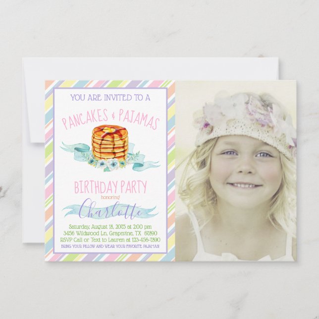 Girls Pancakes and Pajama Photo Birthday Party Invitation (Front)