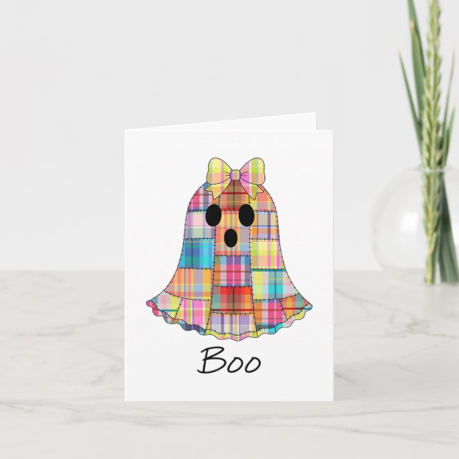 Girls Patchwork Ghost Colourful Halloween Madras P Card (Front)