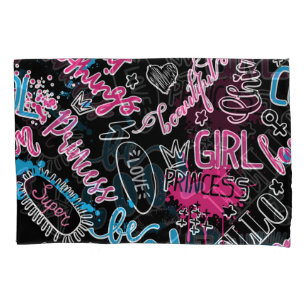 Girls pattern with calligraphic slogan, hearts, wo pillowcase