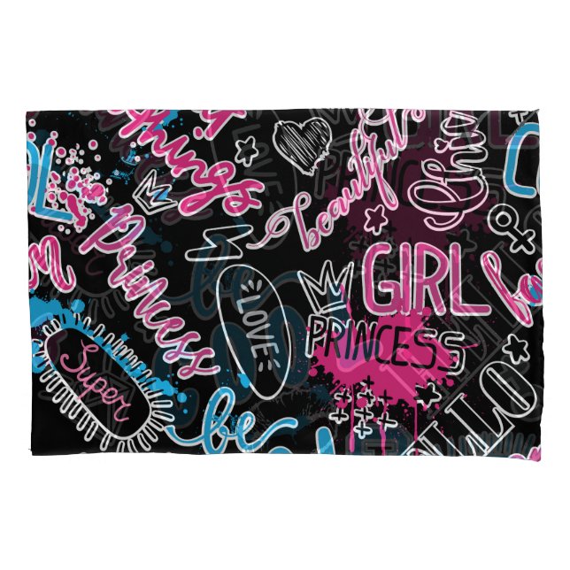 Girls pattern with calligraphic slogan, hearts, wo pillowcase (Front)