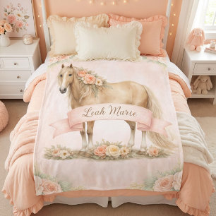 Girls Peach Floral Horse Personalised Name Fleece Blanket