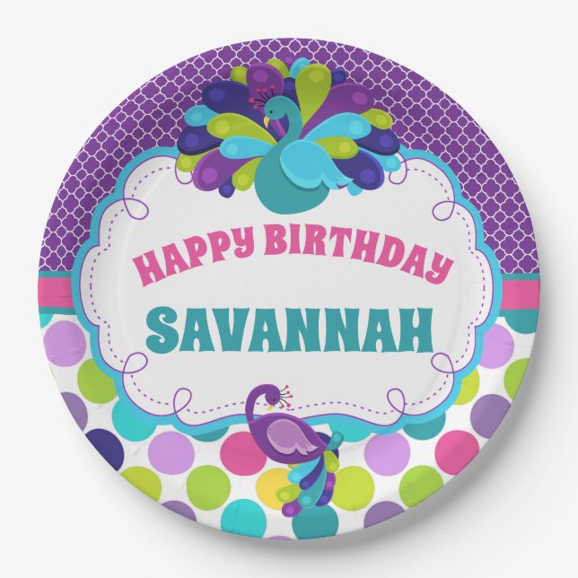 Girls Peacock Happy Birthday Party Personalised Paper Plate (Front)