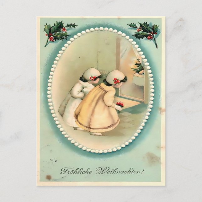 Girls Peeking at the Tree - Vintage Christmas Postcard (Front)